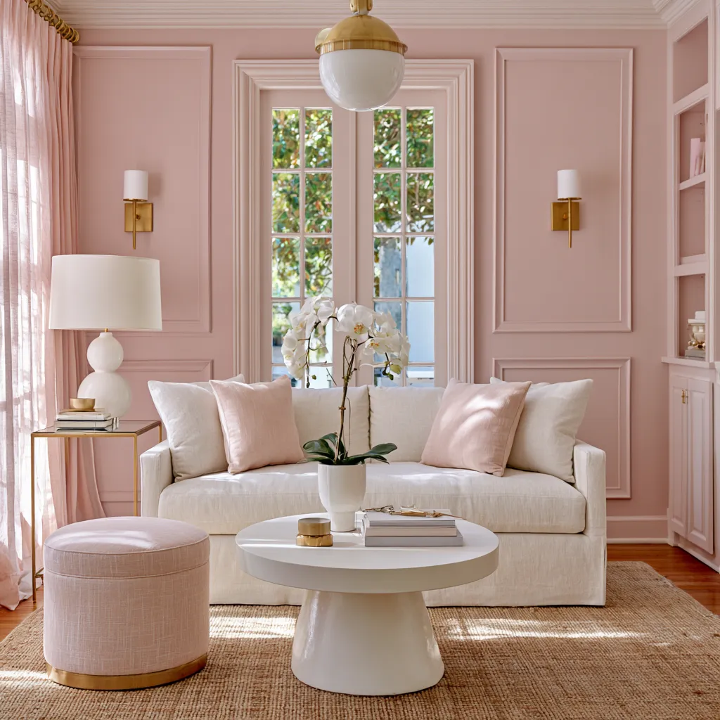 pink color for home decor featuring blush walls and gold accents in editorial style