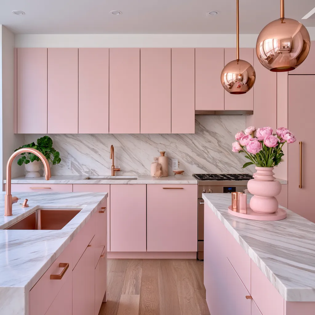 pink house color idea for kitchen interior with rose gold hardware and airy modern aesthetic