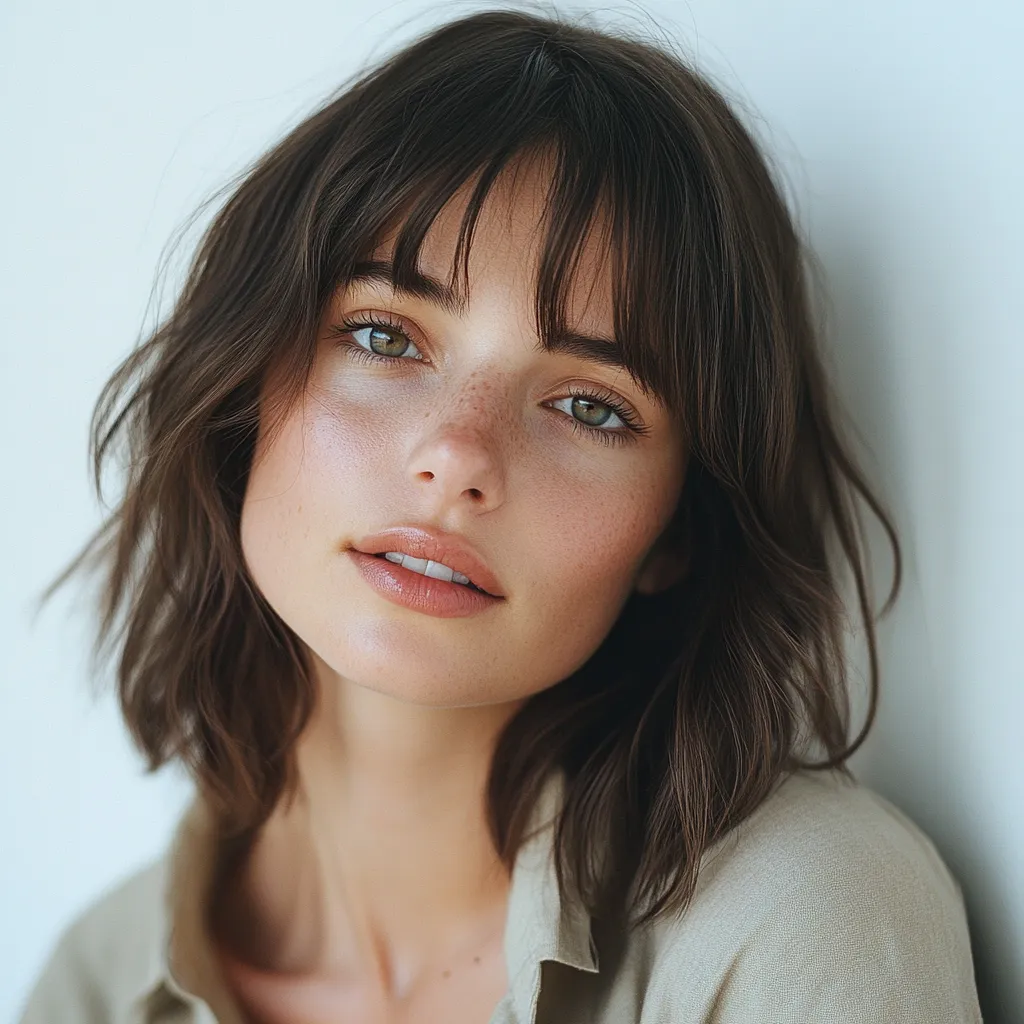 Close-up of curtain bangs hairstyle covering sparse hairline from postpartum hair loss