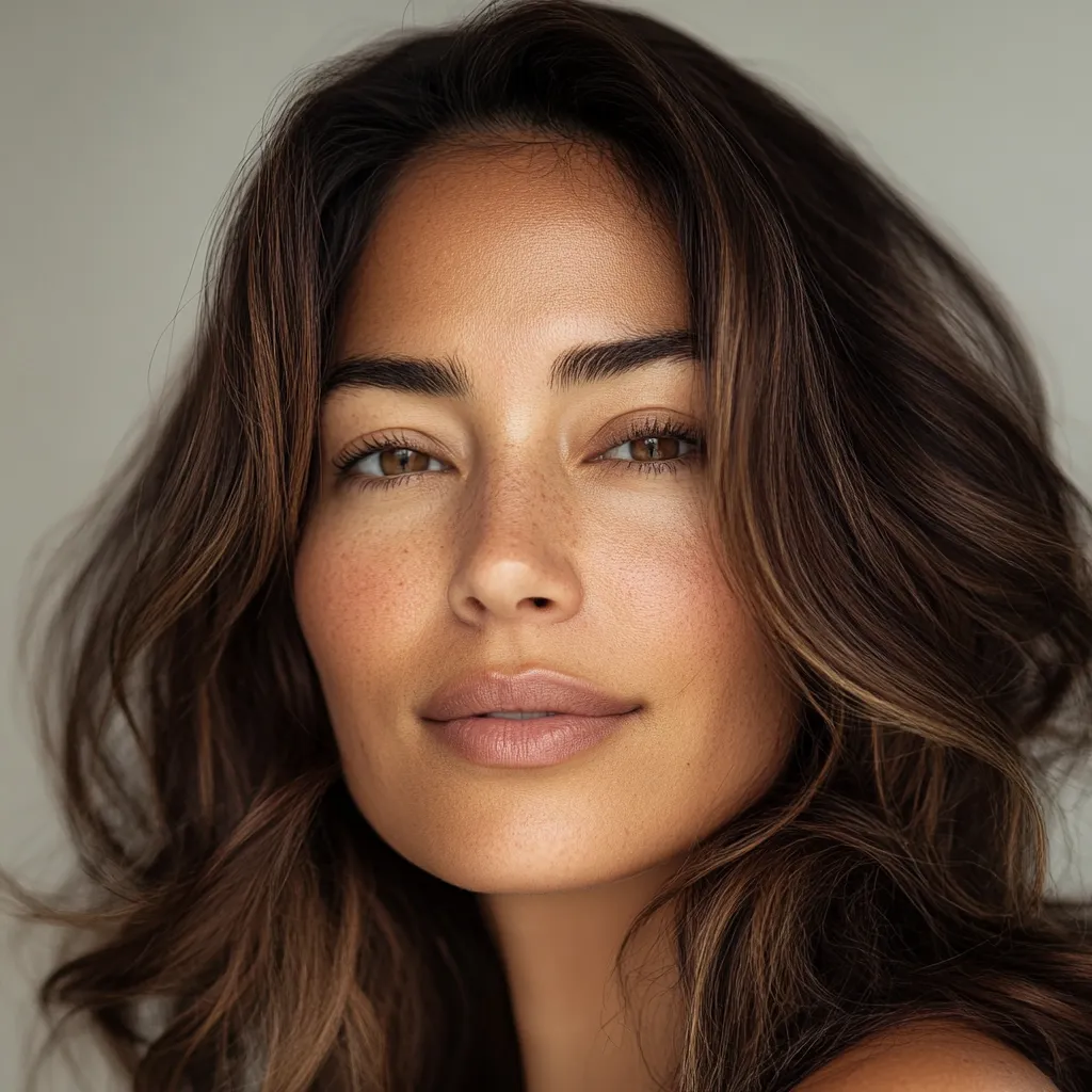Face-framing medium layers disguising postpartum hair loss around temples and hairline