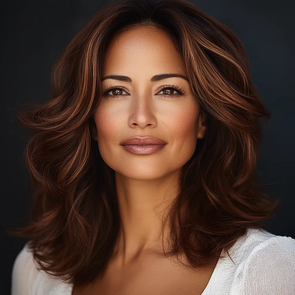 Latina woman with layered hairstyle hiding hairline thinning from postpartum shedding