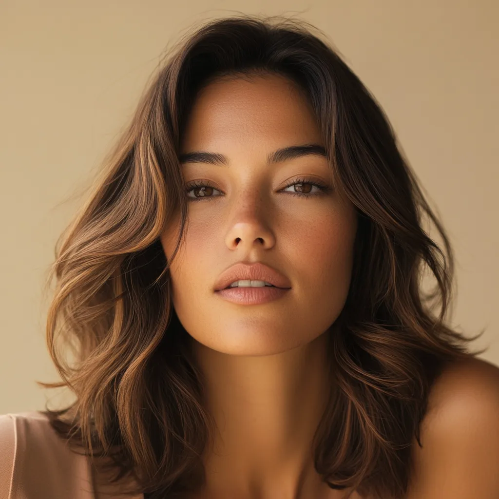 Chestnut layered medium hair hairstyle for postpartum thinning hairline coverage