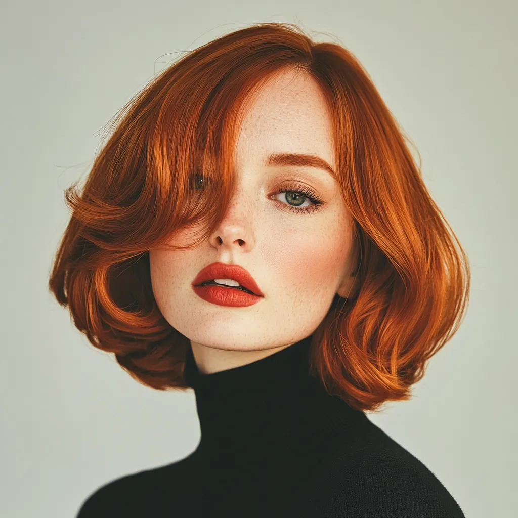 Bold copper bob disguising postpartum hair loss and sparse temple areas