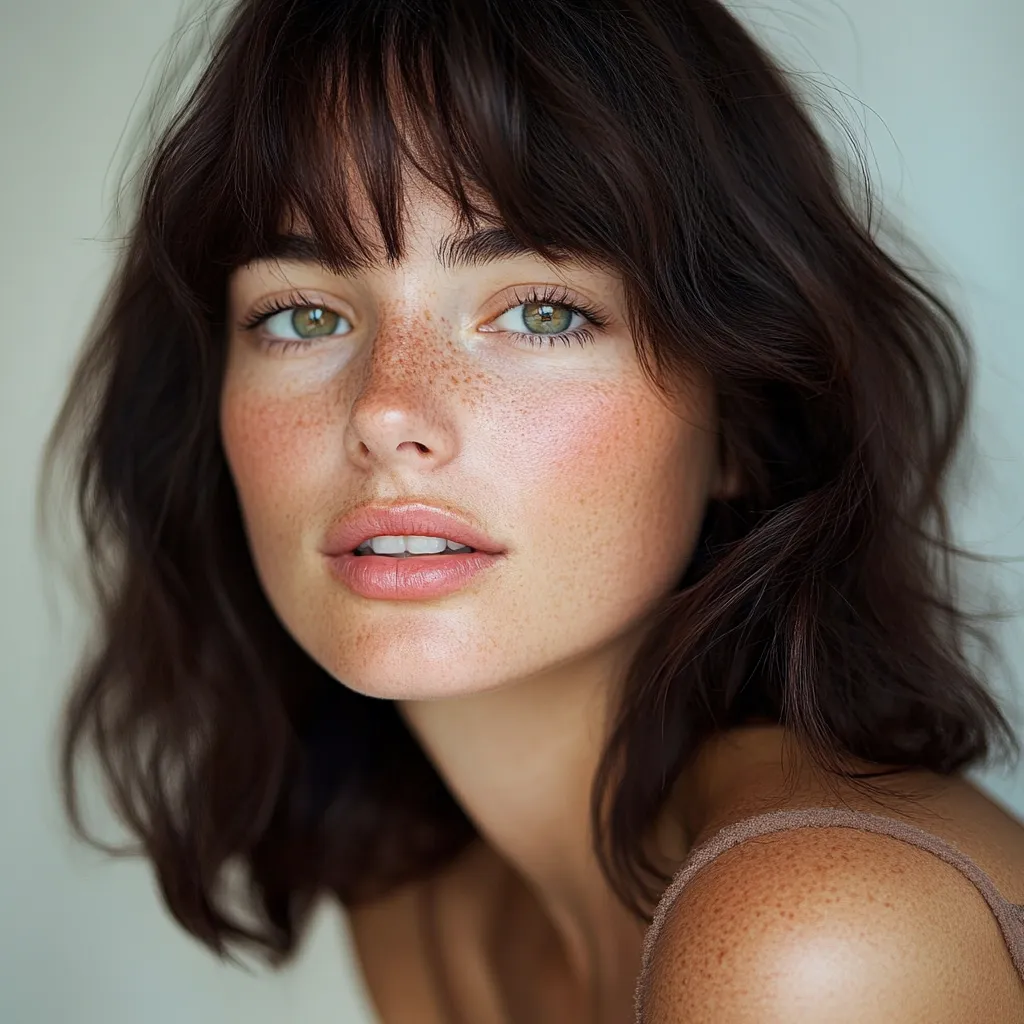 Brunette curtain bang lob haircut as postpartum hair loss hairstyle to cover thinning temples