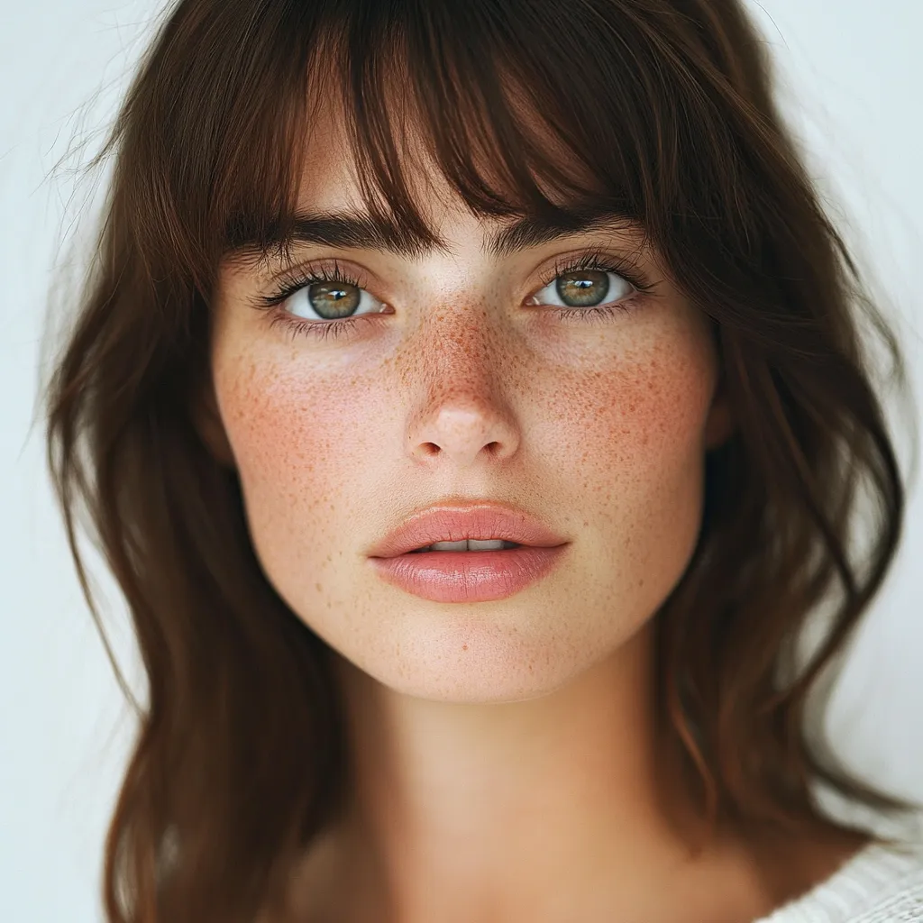 Textured curtain bangs hiding postpartum thinning hairline in woman with brown hair