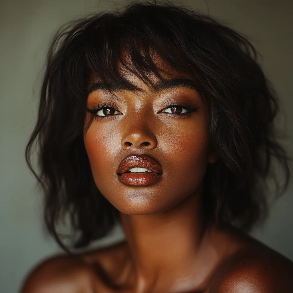 Dark-skinned woman with side fringe hiding postpartum hair loss at the hairline