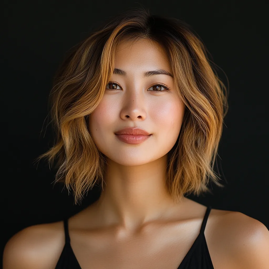 East Asian woman with bob haircut disguising thinning hairline after postpartum shedding