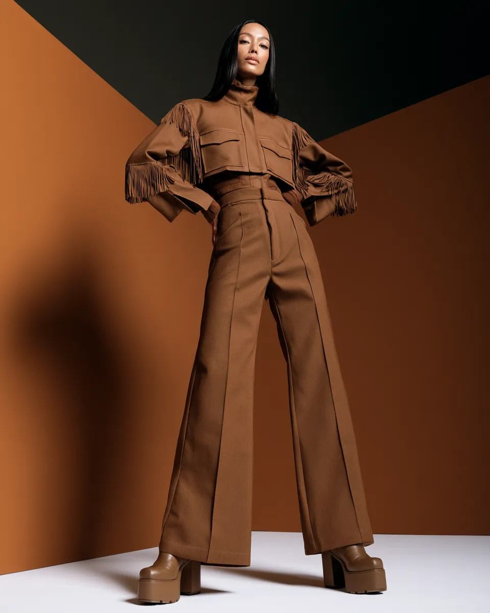 retro fashion outfits for women featuring 70s fringe jacket and wide-leg trousers in editorial studio