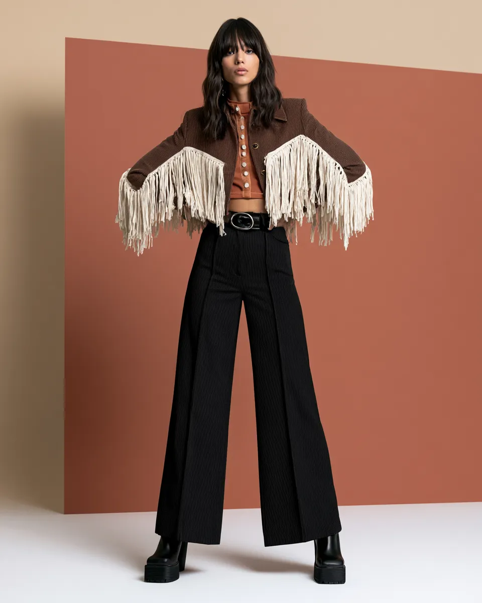 vintage retro fashion outfit with platform boots and high-waisted 70s trousers styled for magazine