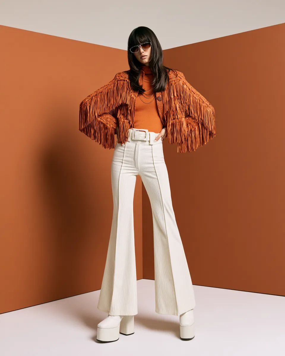 decade-inspired retro fashion outfits with 70s fringe and earth tones in studio editorial shoot