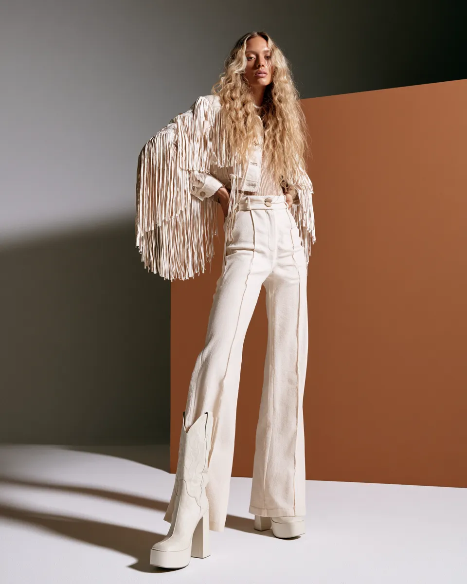 women’s retro fashion outfit ideas with layered 70s styling and bold platform footwear