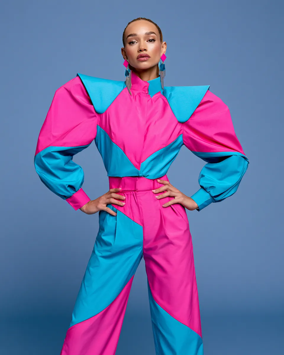 magazine editorial retro fashion outfits in 80s neon palette with structured power dressing