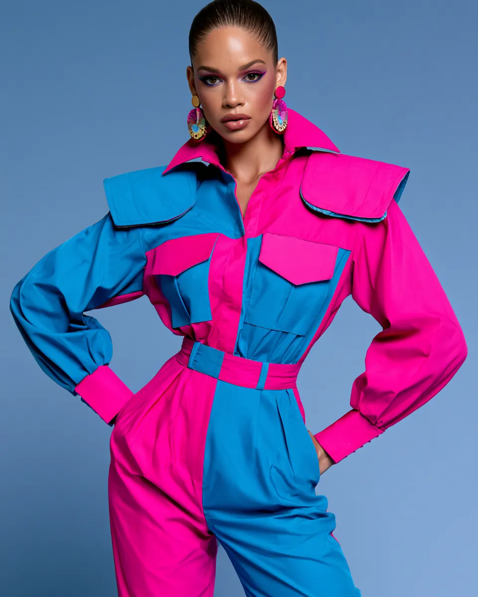 retro fashion outfit shoot channeling 1980s maximalism with neon pink and electric blue
