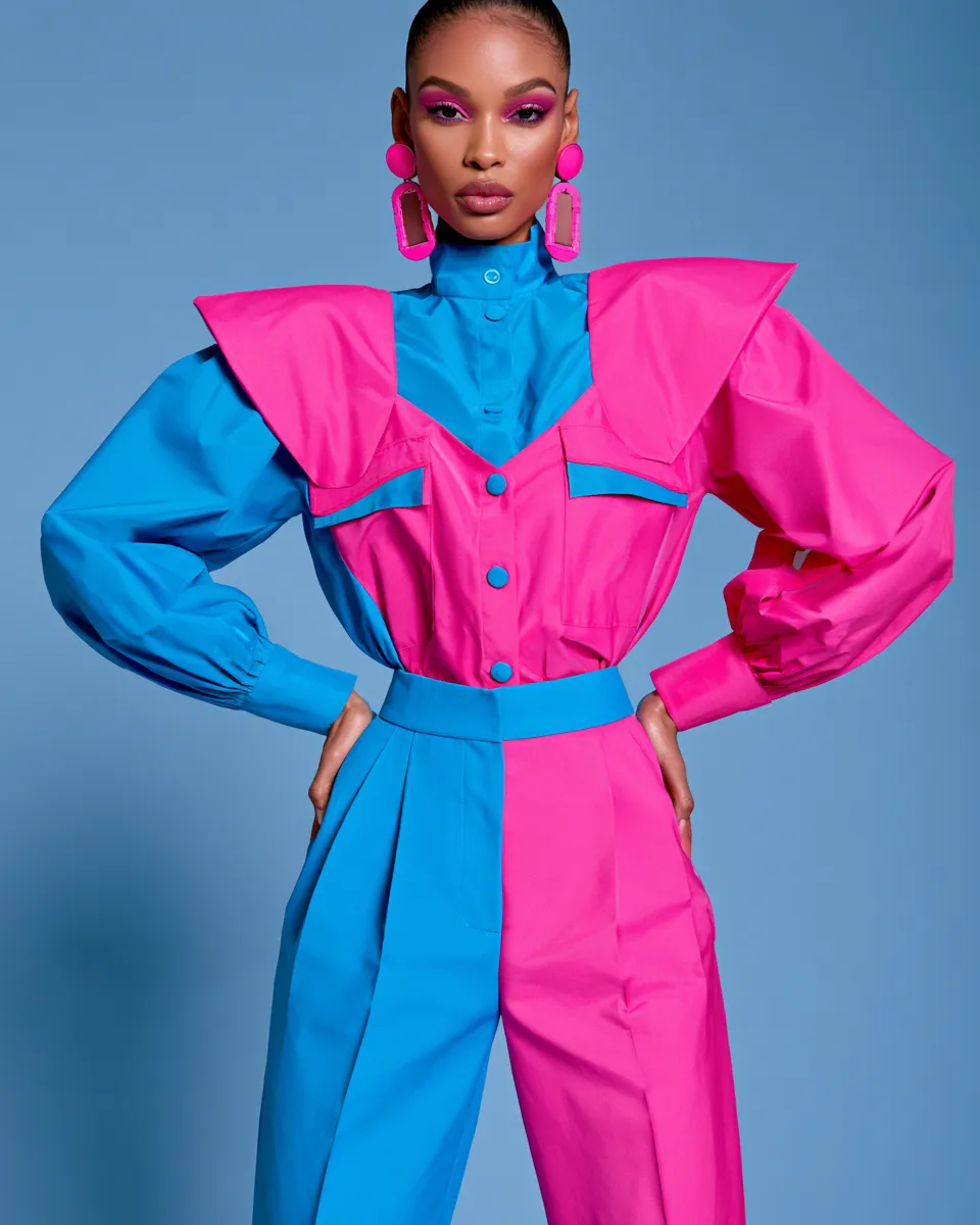 80s retro fashion outfits for women with neon color blocking and power shoulder editorial shoot