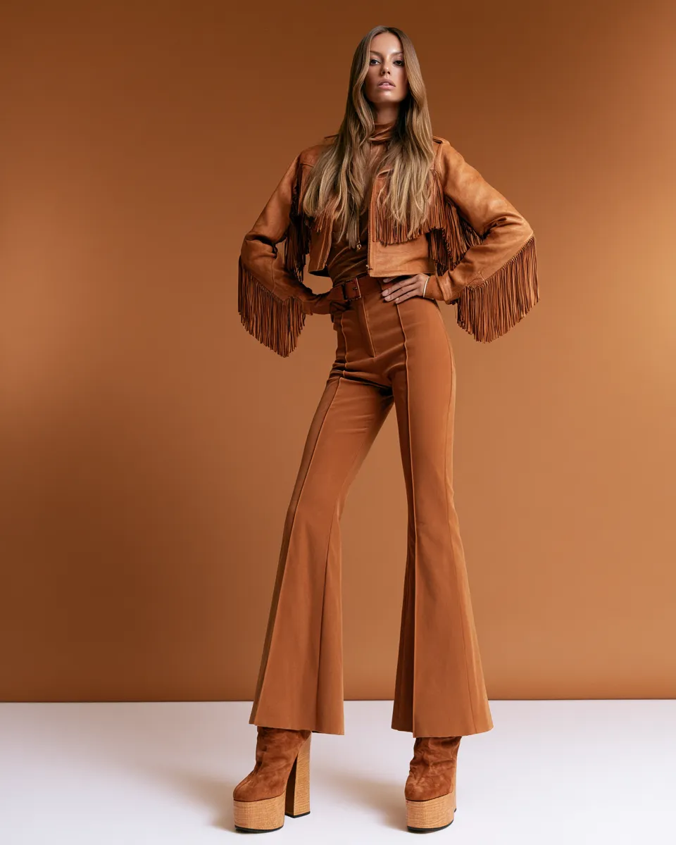 retro fashion outfits inspired by 1970s with earthy tones and high-waisted flared silhouette