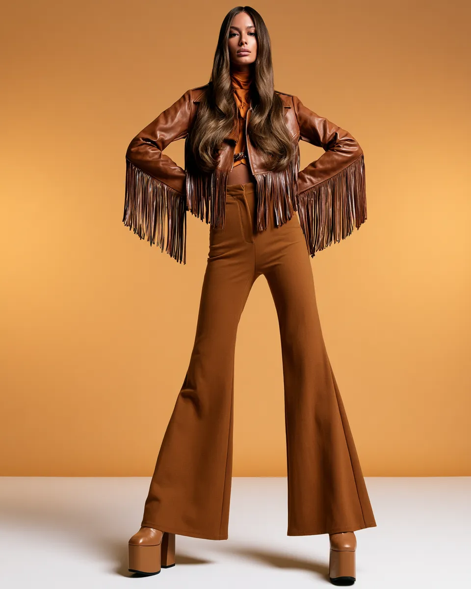 editorial 70s retro fashion outfit shoot with fringe texture and wide-leg trousers