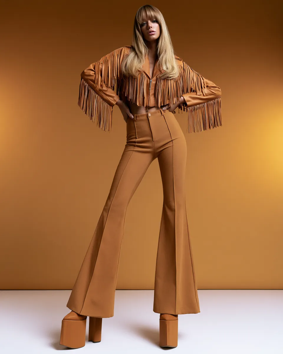 70s retro fashion outfits for women with fringe jacket and bell-bottom trousers in studio editorial