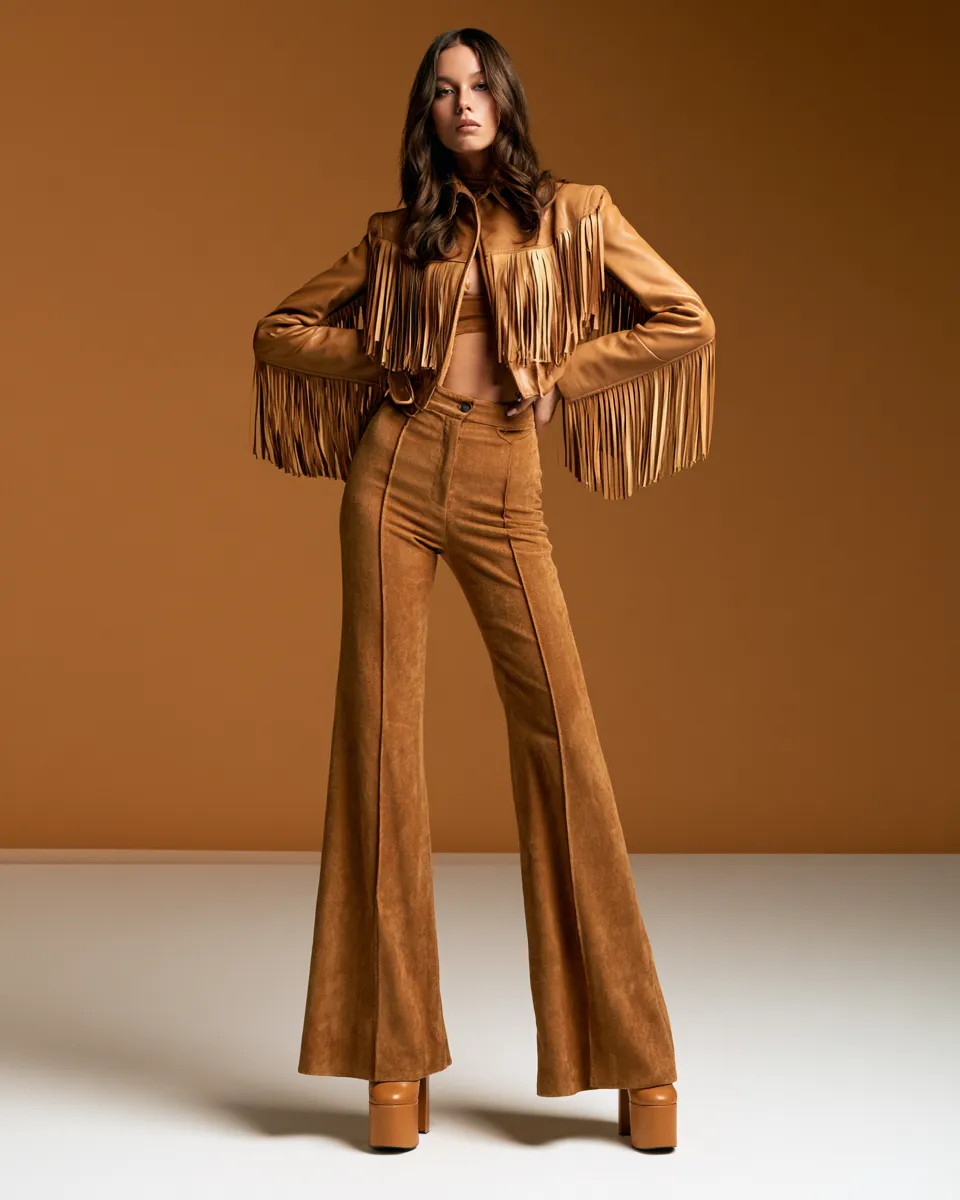 vintage retro fashion outfit from the 70s featuring leather fringe and platform boots