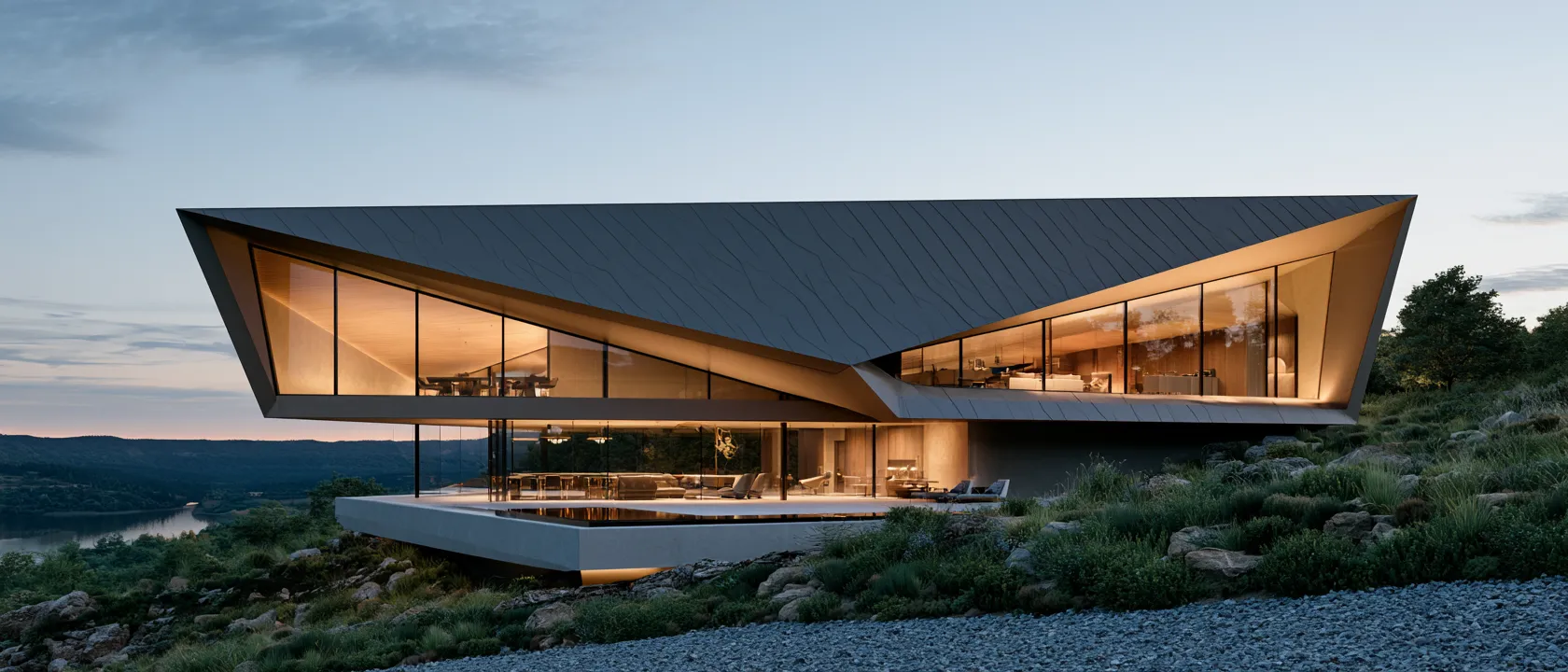 Evening light highlighting bold roof design ideas on a contemporary home