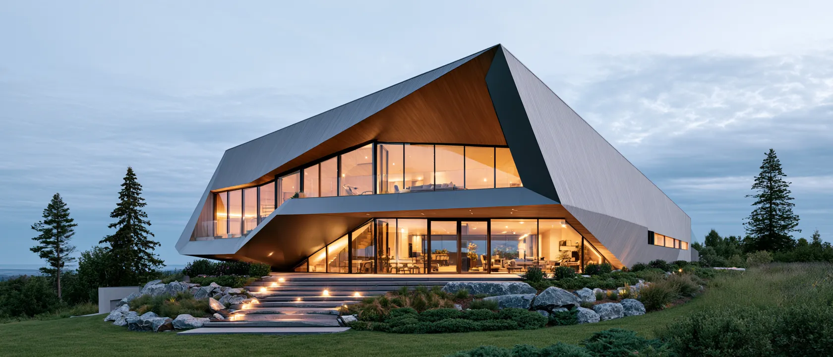 Multi-plane roof design ideas captured in dramatic architectural photography