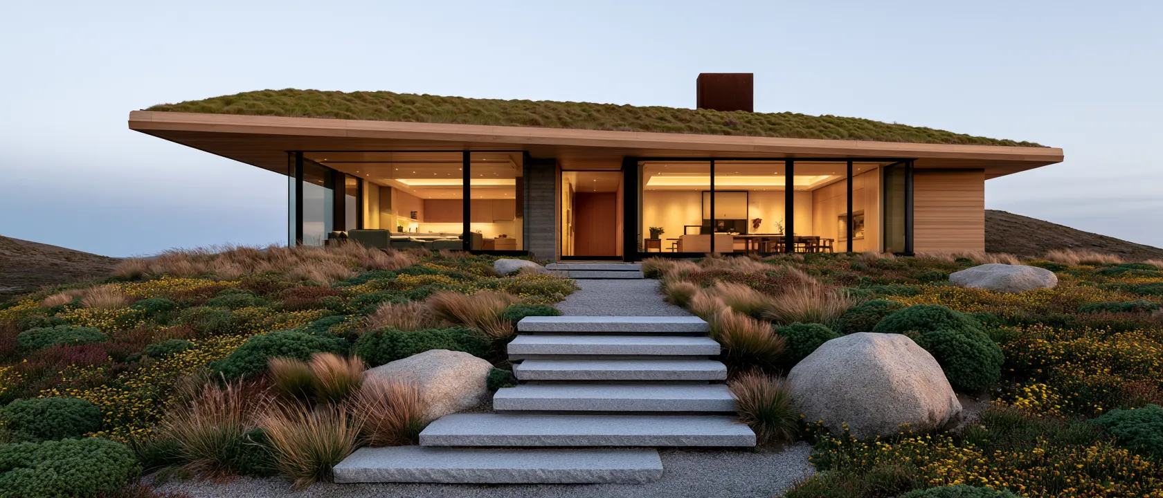 Sustainable roof design ideas featuring native grasses on a modern home