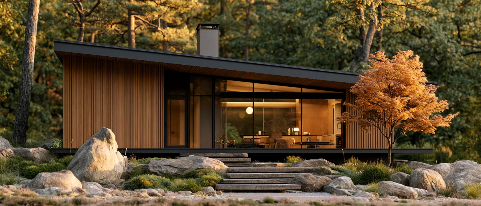 Roof design ideas featuring a clean single-slope silhouette in a wooded setting