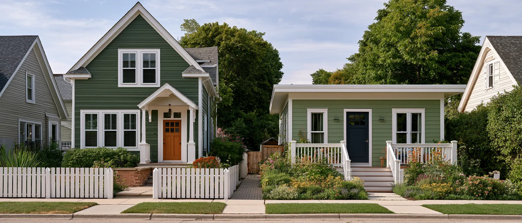 Two houses side by side showing contrasting roof design ideas