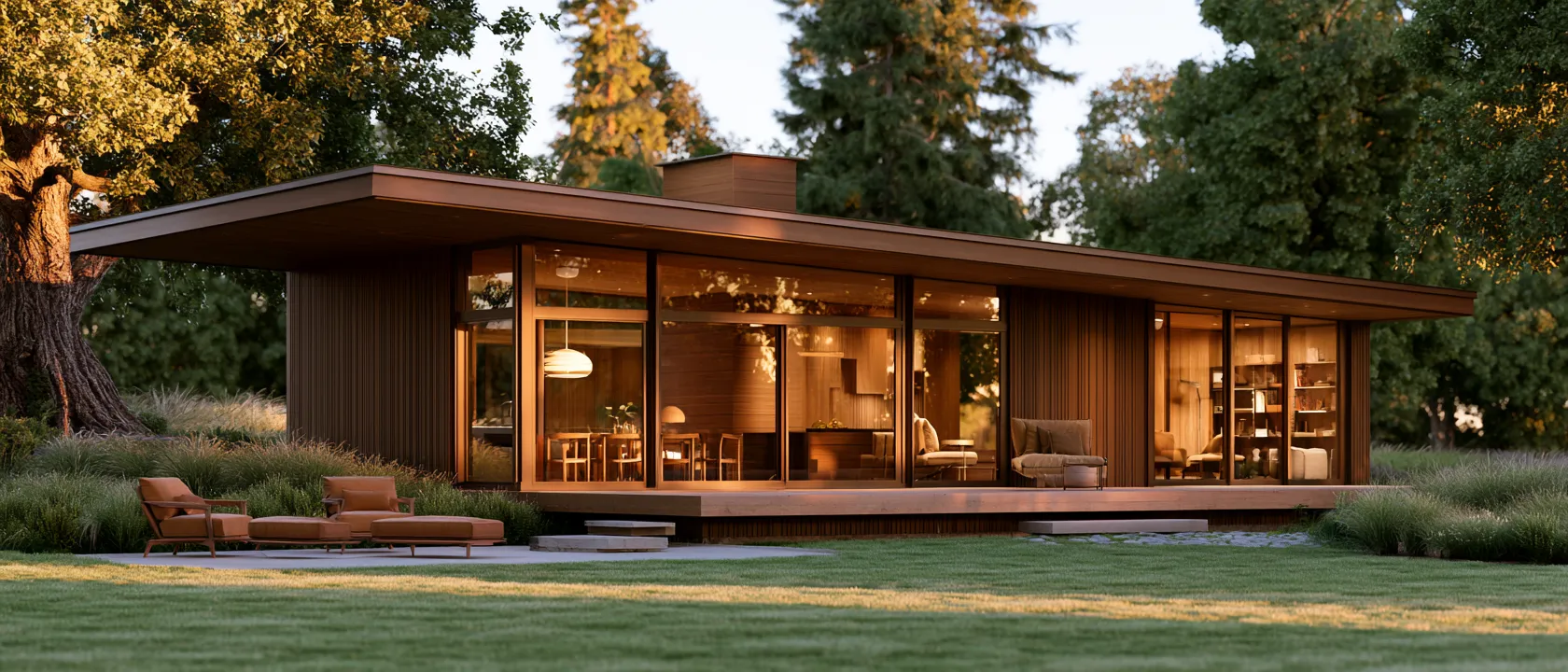 Shed roof design ideas shown on a minimalist timber-clad house at golden hour