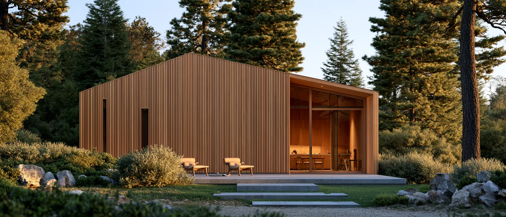 Single-slope roof design ideas for a small contemporary home among trees