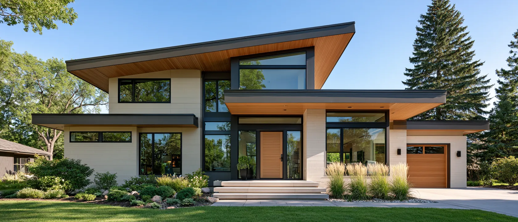 Roof design ideas illustrated through a bold angular roofline and clean landscaping