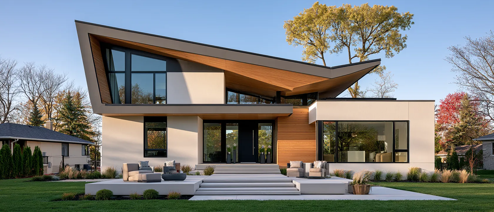 Modern home exterior showing creative roof design ideas in warm afternoon light