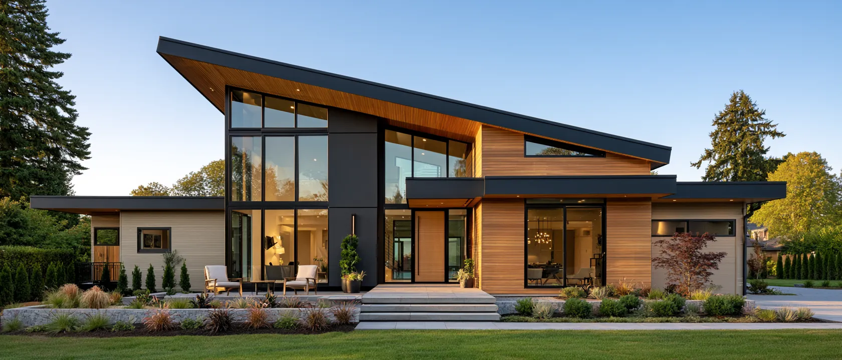 Architectural roof design ideas captured on a two-story residence with clear skies