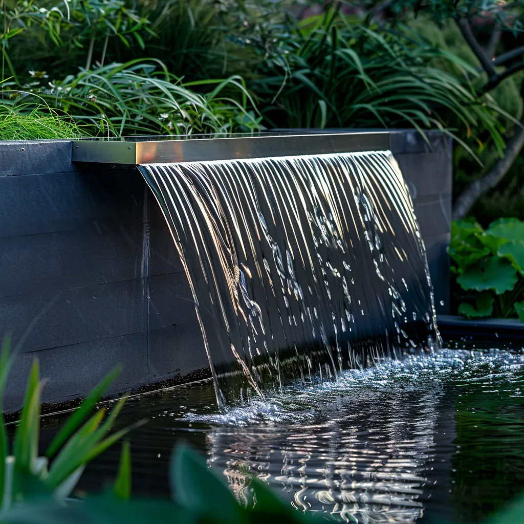 Modern garden waterfall blade spillway in stainless steel feeding small backyard pond below dark render wall