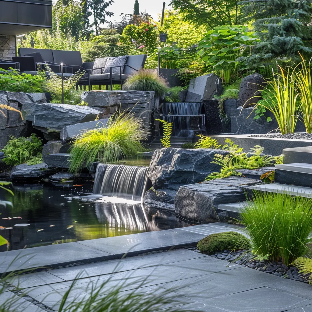 Small garden pond and waterfall ideas with dark stone cascade and lush fern planting in residential backyard