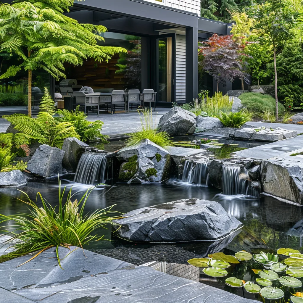 Contemporary naturalistic pond waterfall with multi-level basalt boulder cascade and marginal fern planting