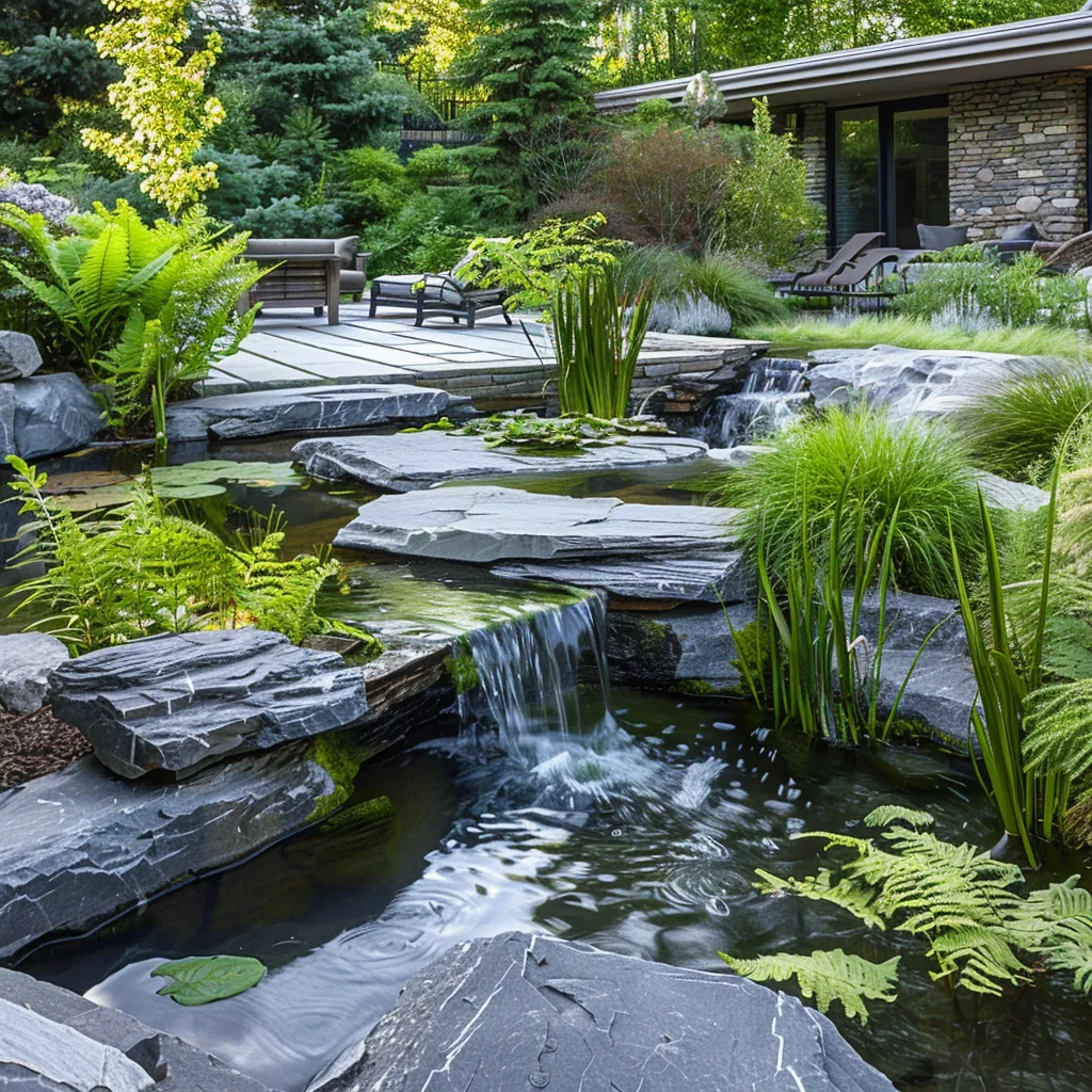 Modern backyard water feature with naturalistic stone waterfall pond and planted margins in afternoon garden light