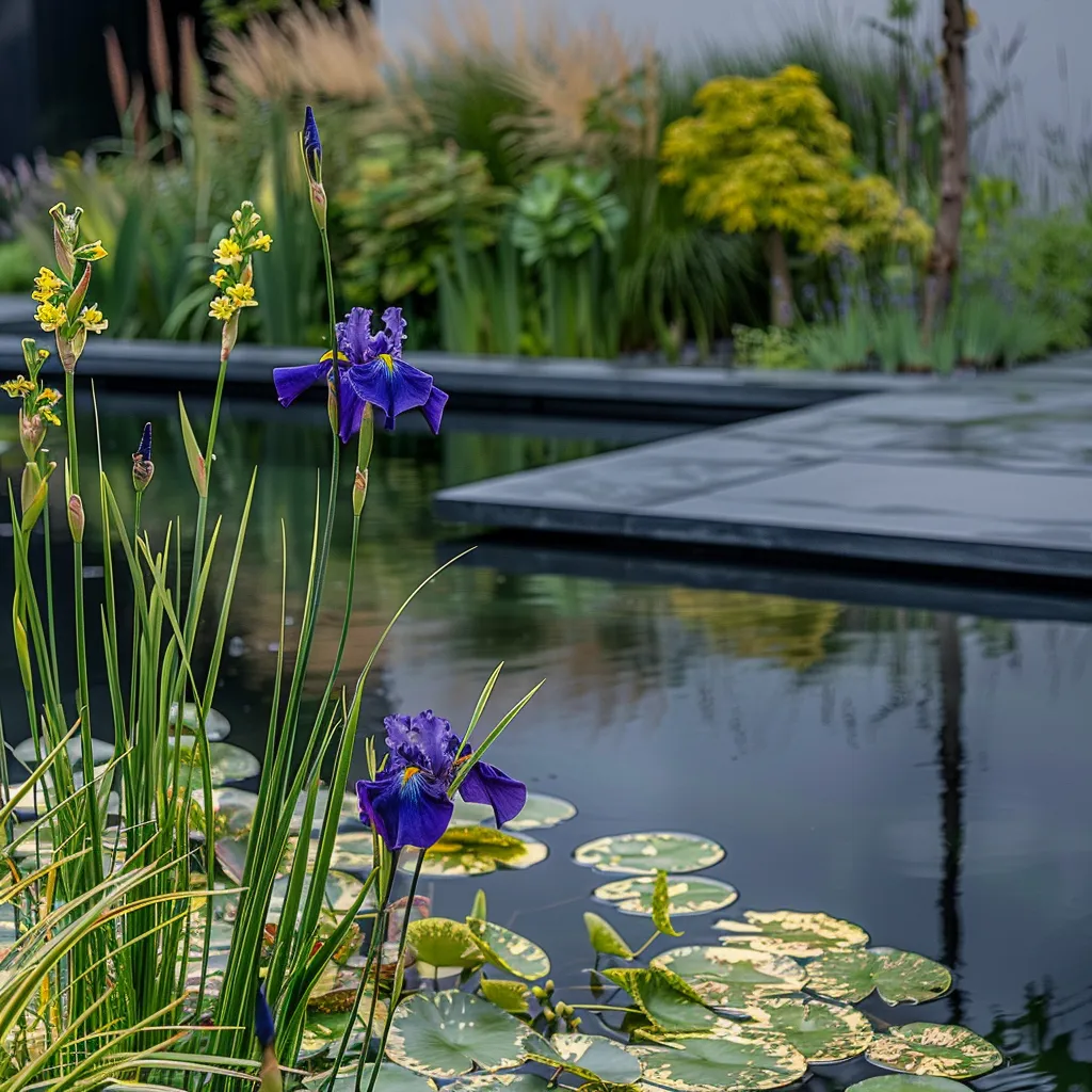 Small backyard pond edge planting for modern garden with Iris sibirica blue flowers and golden Carex at water margin
