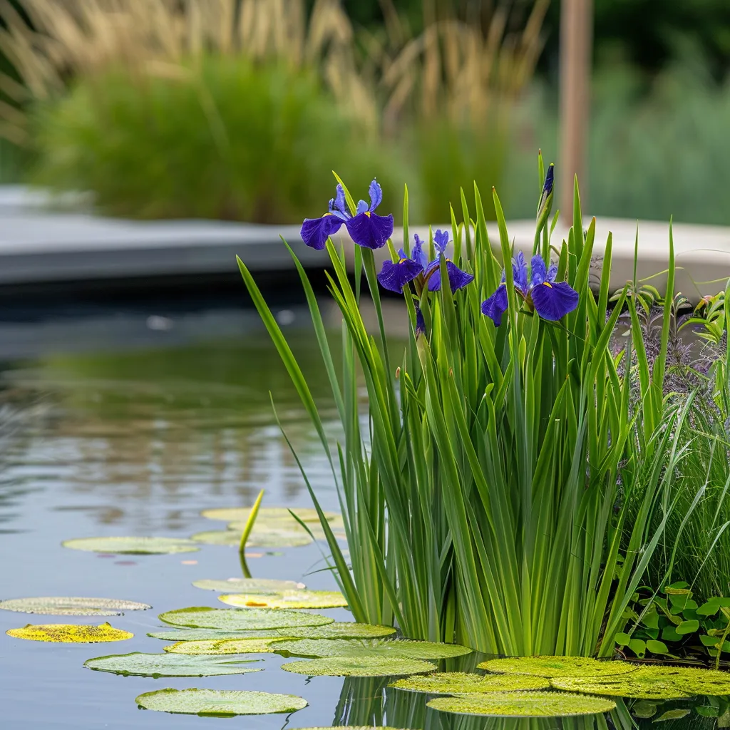 Contemporary garden pond marginal planting with Siberian iris and gold sedge reflecting in calm water surface