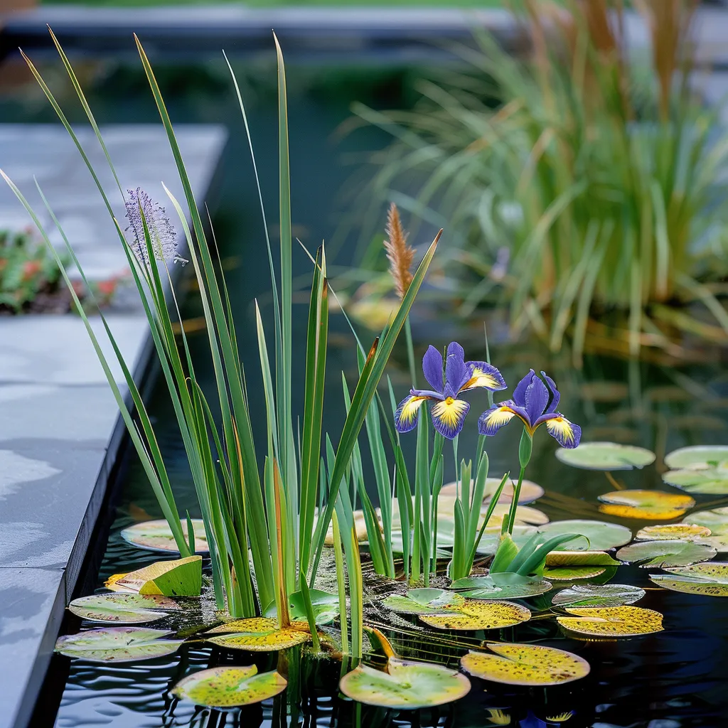 Modern water garden pond margin with blue iris flowers and yellow Bowles golden sedge in soft light