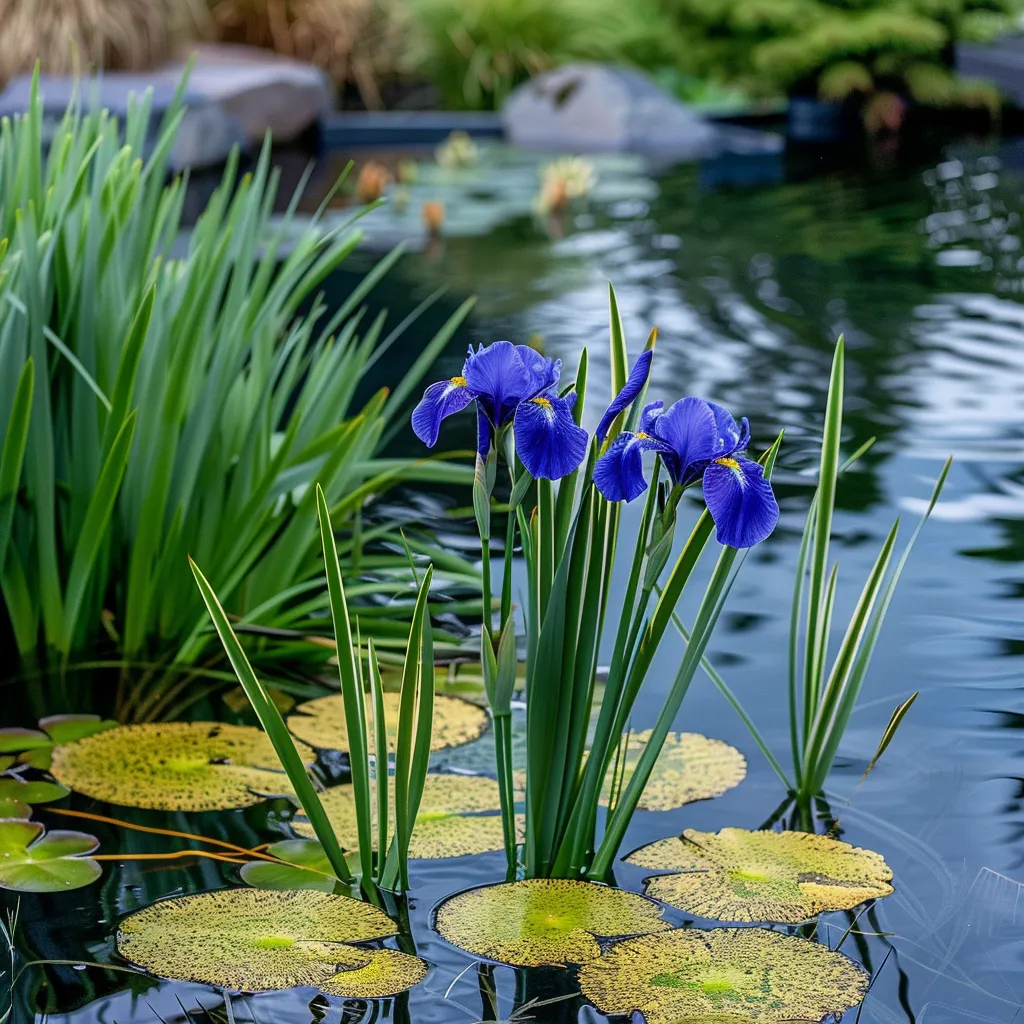 Backyard pond ideas for modern gardens with architectural marginal planting of iris and sedge at water edge
