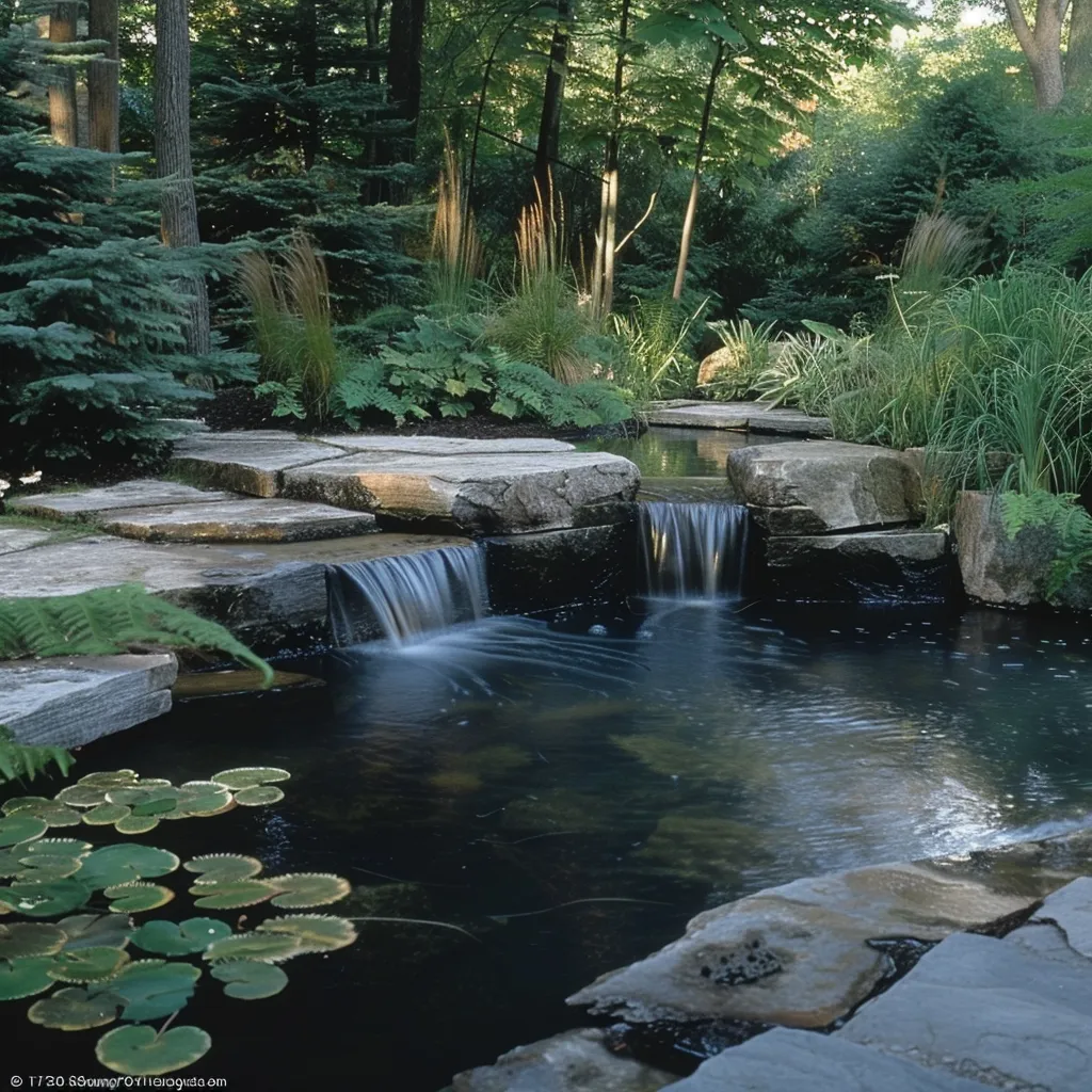Small backyard pond ideas with waterfall in a modern garden with ornamental grasses and stone edging in afternoon light