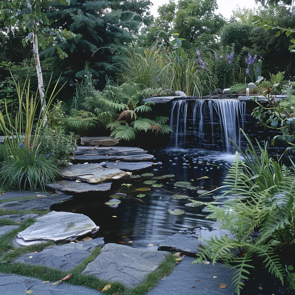 Naturalistic backyard pond and waterfall feature for contemporary garden design with flat stone overhang