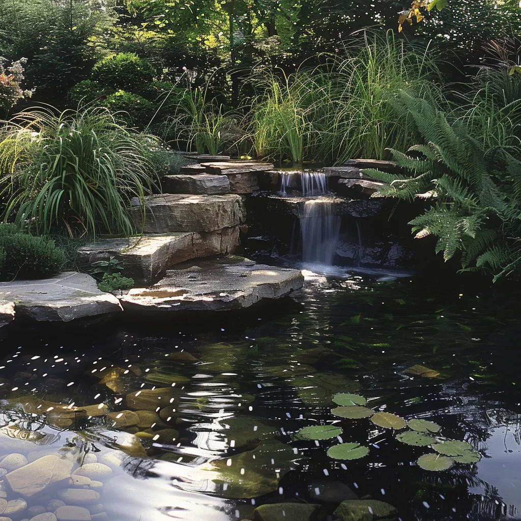 Modern small garden pond with cascading waterfall and fern planting in warm evening light