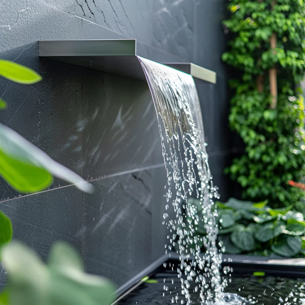 Geometric waterfall feature for contemporary backyard pond with thin water blade over dark reflective surface