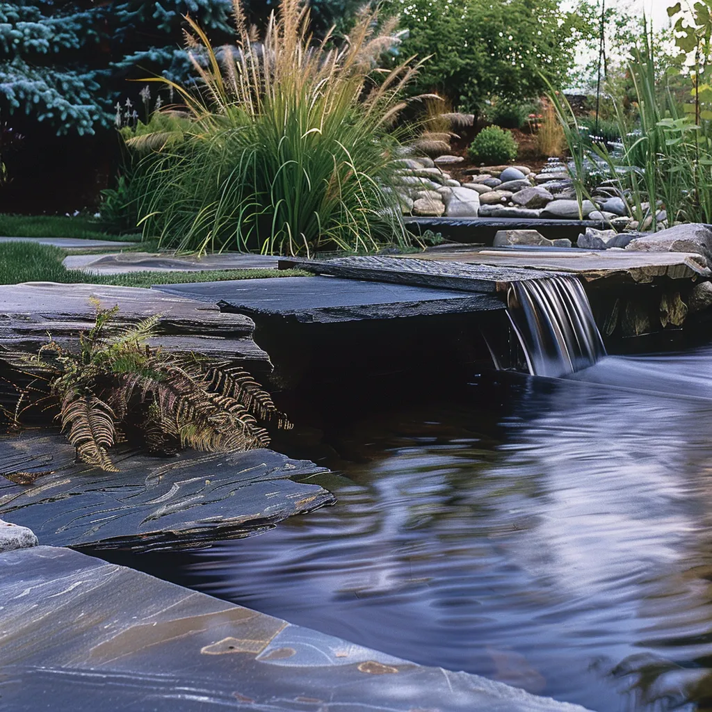 Contemporary backyard water garden with small naturalistic pond waterfall and dark reflective surface