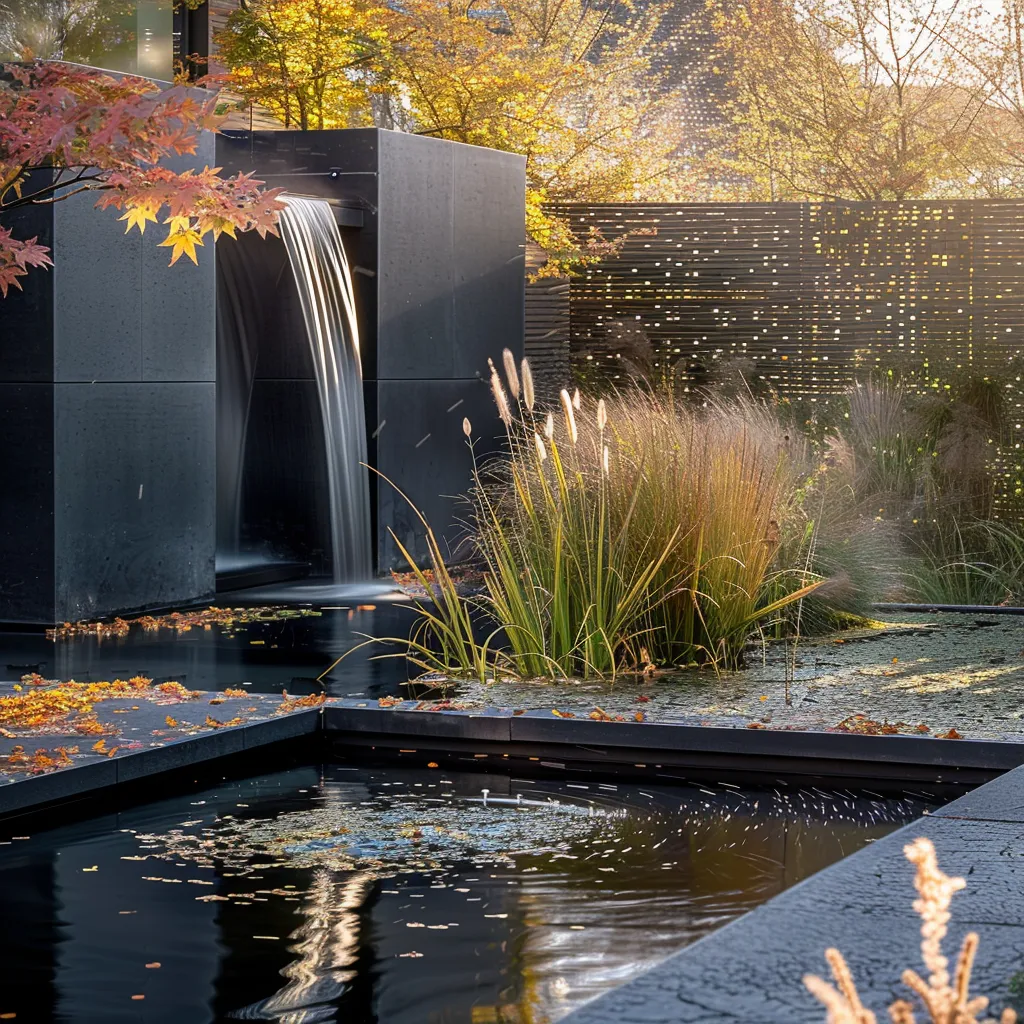 Small backyard pond with waterfall in autumn modern garden with golden grass planting and floating leaves