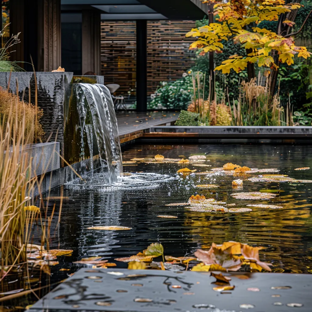 Contemporary garden water feature pond and waterfall in autumn with golden marginal planting and raking light
