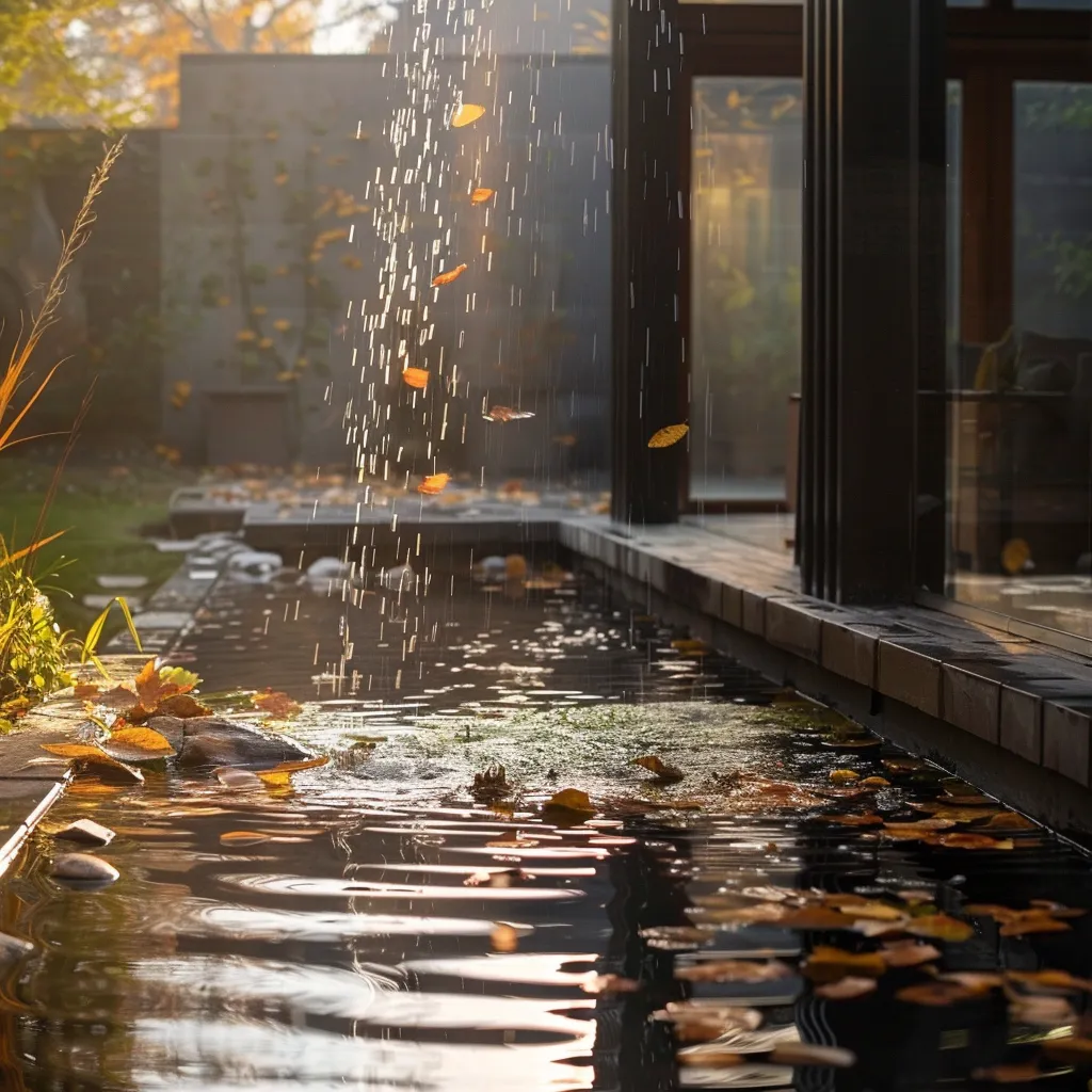 Modern backyard pond waterfall ideas in autumn season with ornamental grass and dark reflective water surface