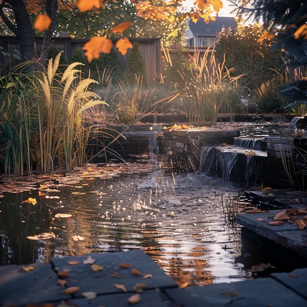Small garden pond and waterfall in autumn light with golden sedge planting and atmospheric waterfall mist