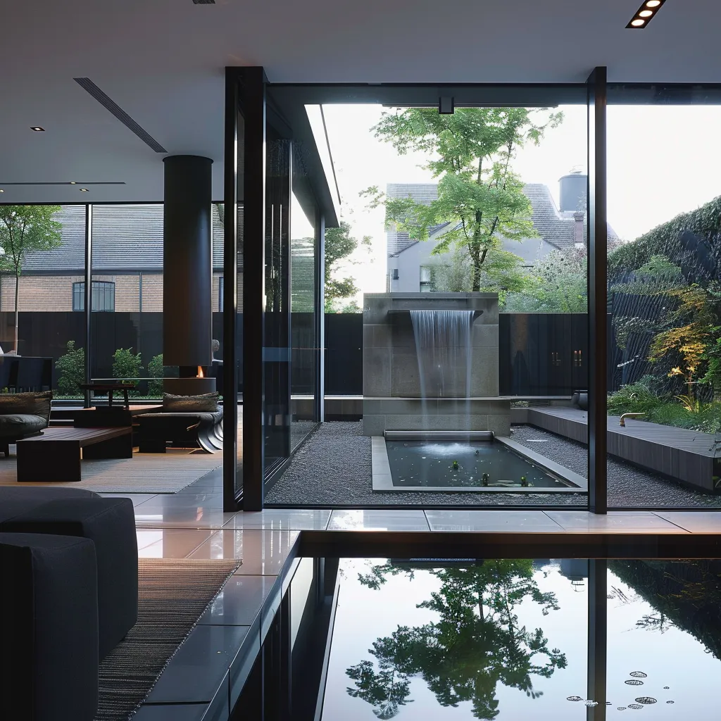 Backyard water garden with small pond and waterfall integrated into view from inside a modern house